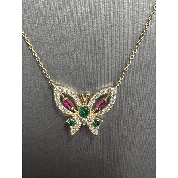 14k Gold Butterfly Multi Colored Gemstone 18in Necklace - Picture 2 of 15